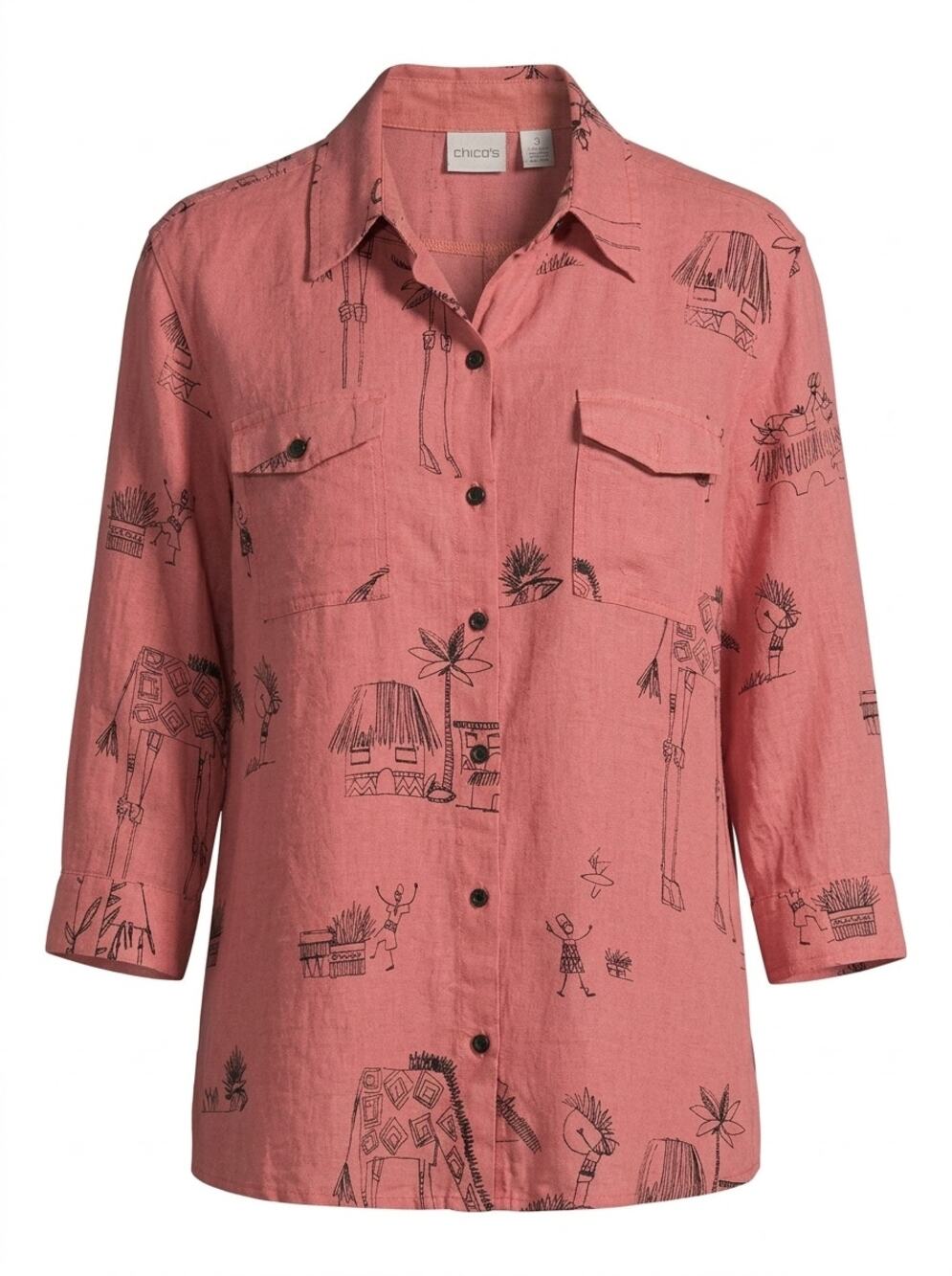 Chico's 100% Linen Pink Graphic 3/4 Sleeve Button-Up Shirt Women Size 3